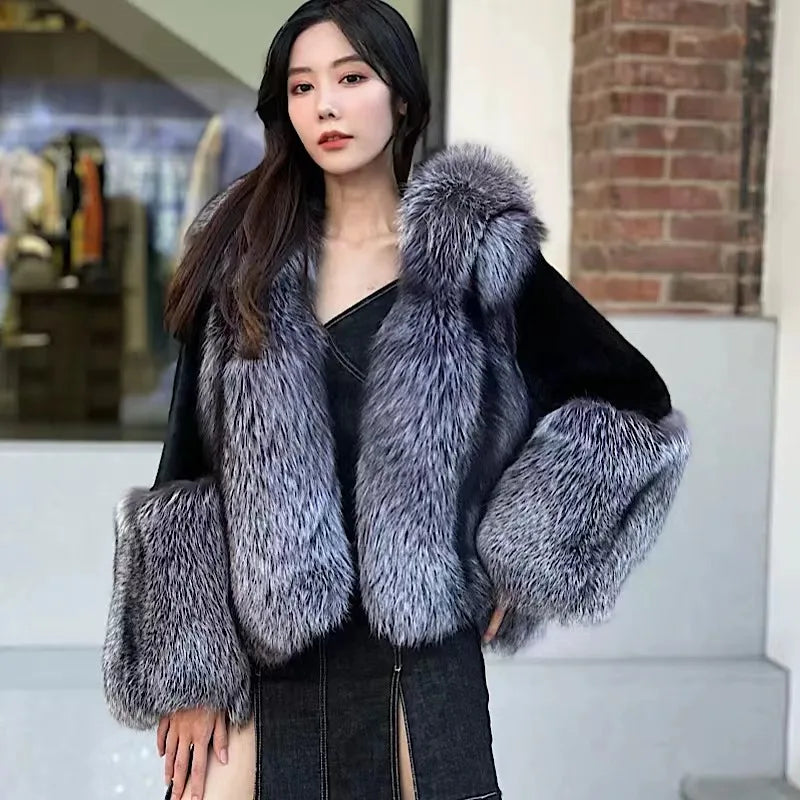 Elegant Faux Fur Black Gray Winter Coat on Luulla