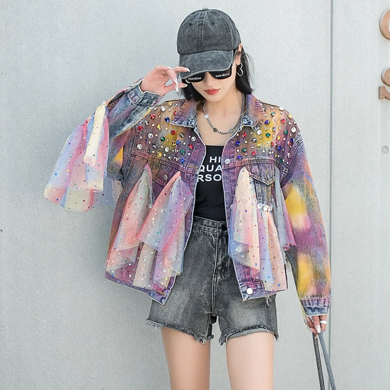 Rainbow Sequin Ruffled Denim Jacket For Women on Luulla