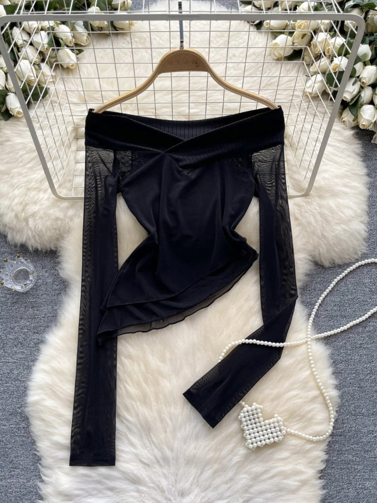 Women's Black Long Sleeve Mesh Top with Cut Out Neck Detail