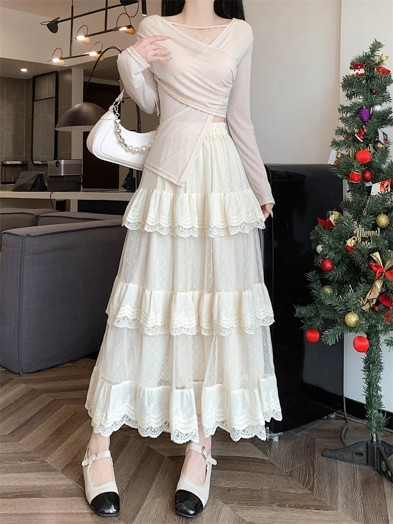 White Lace-up Beaded Mesh Long Skirt main image 0