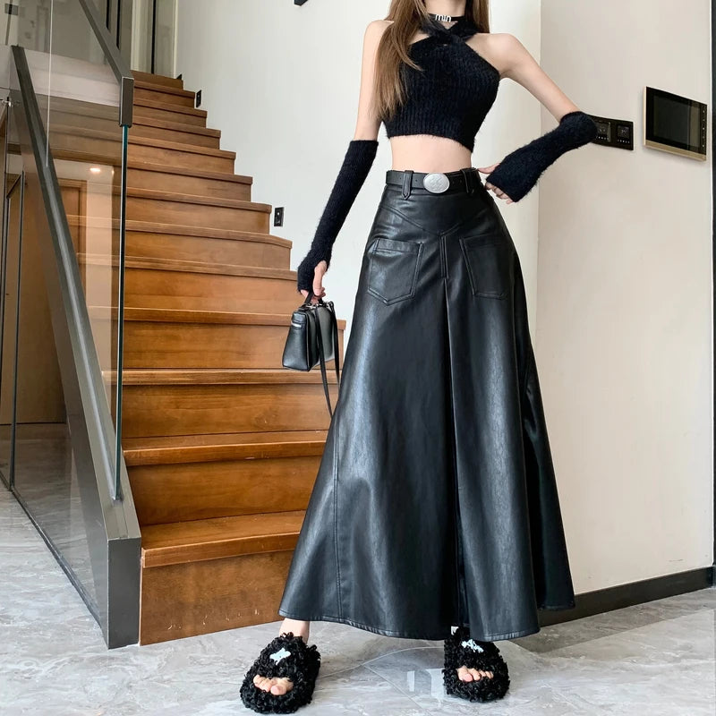 Leather High-Waist Side Slit Maxi Skirt