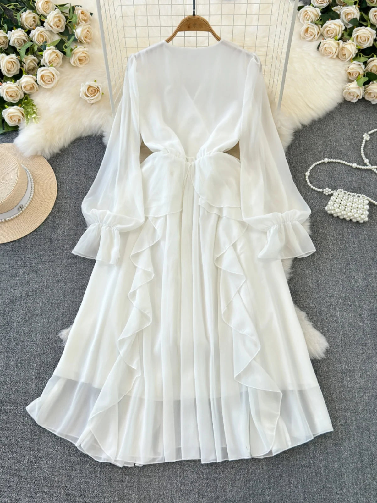 Elegant White Chiffon Dress With Ruffle Details on Luulla