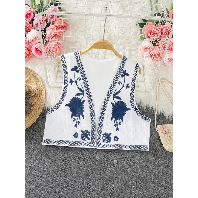 Cream and Blue Embroidered Floral Vest main image 1