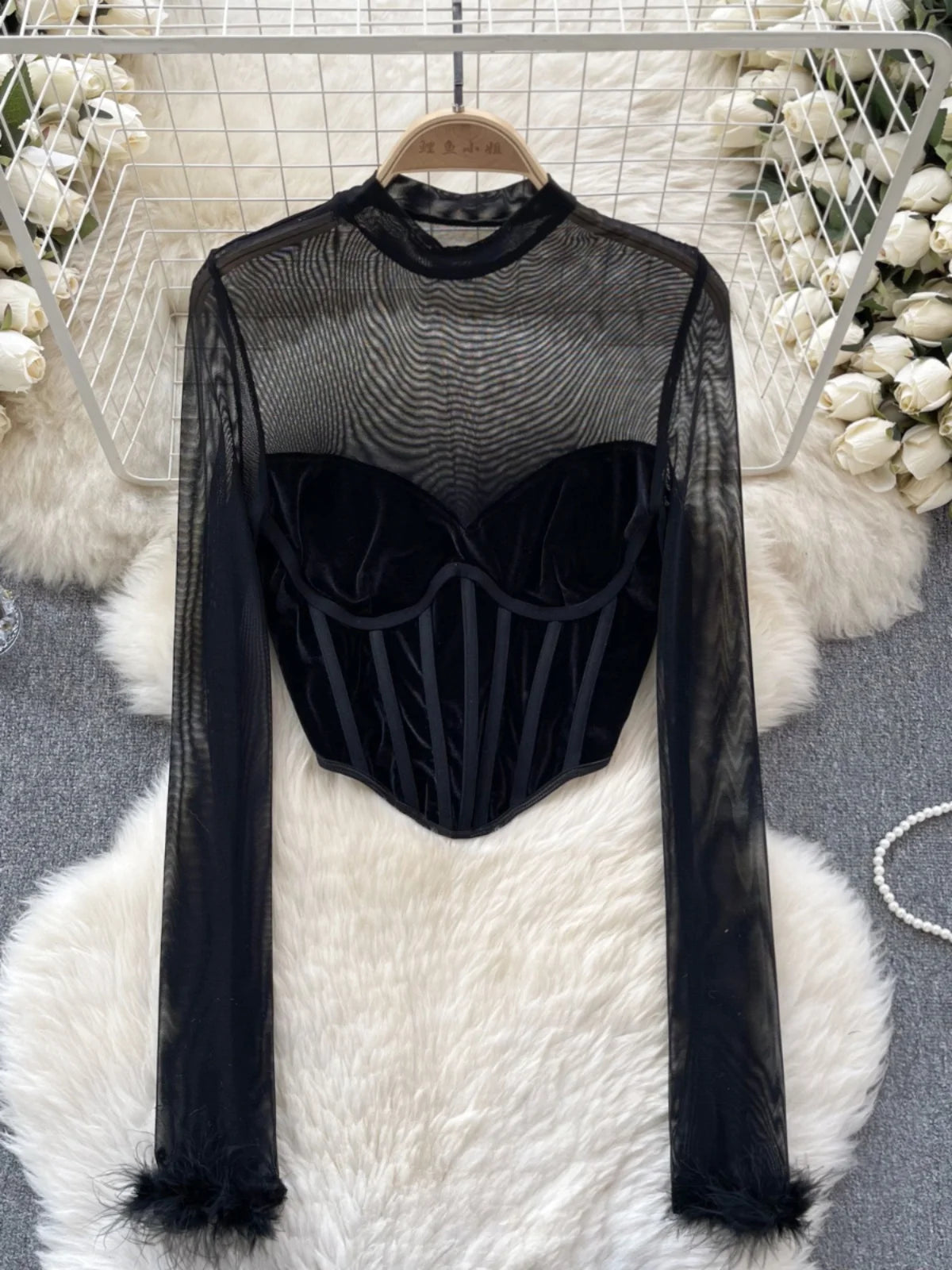Sheer Mesh Long Sleeve Top For Women Flattering Fitted Silhouette Perfect Evening Look main image 0