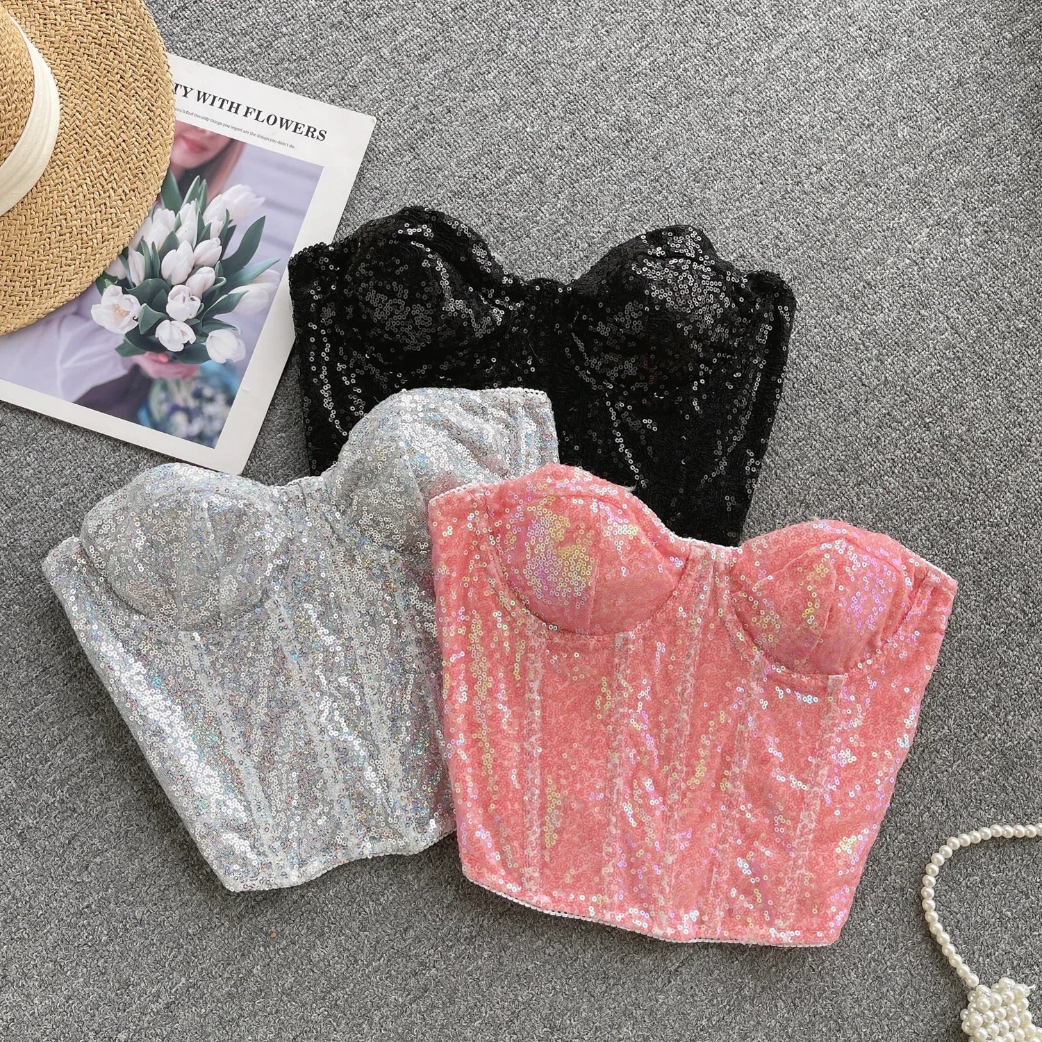 J.NNA Sequin Strapless Bustier Top