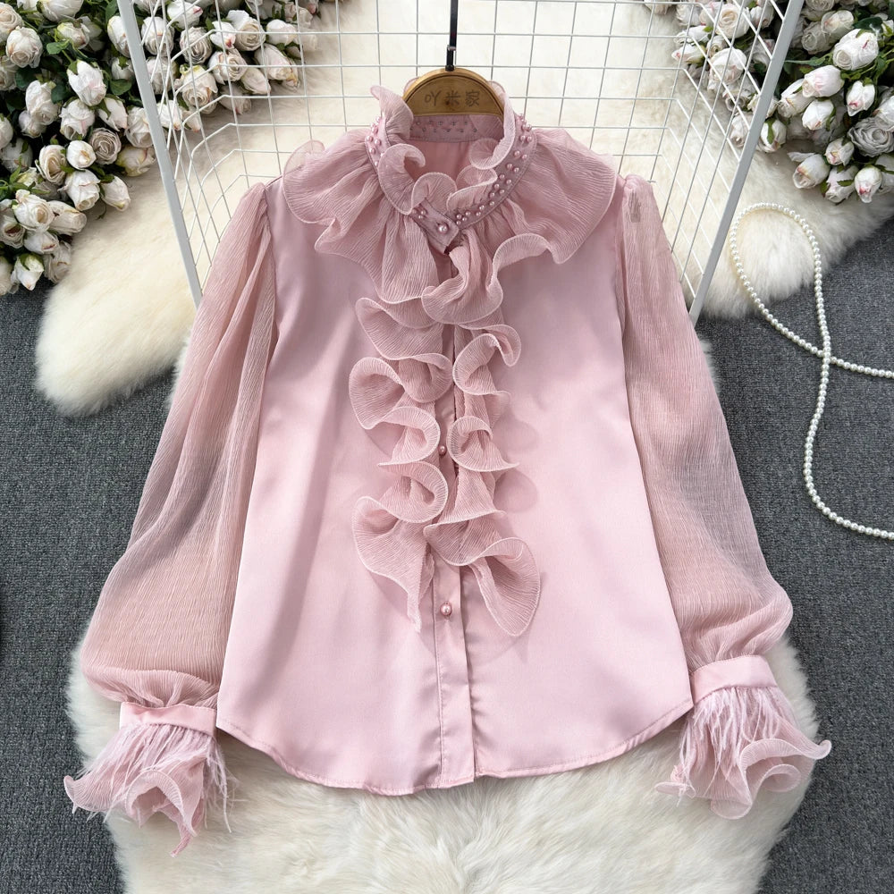 Elegant Pink V Neck Print Chiffon Blouses Bracelet Sleeve