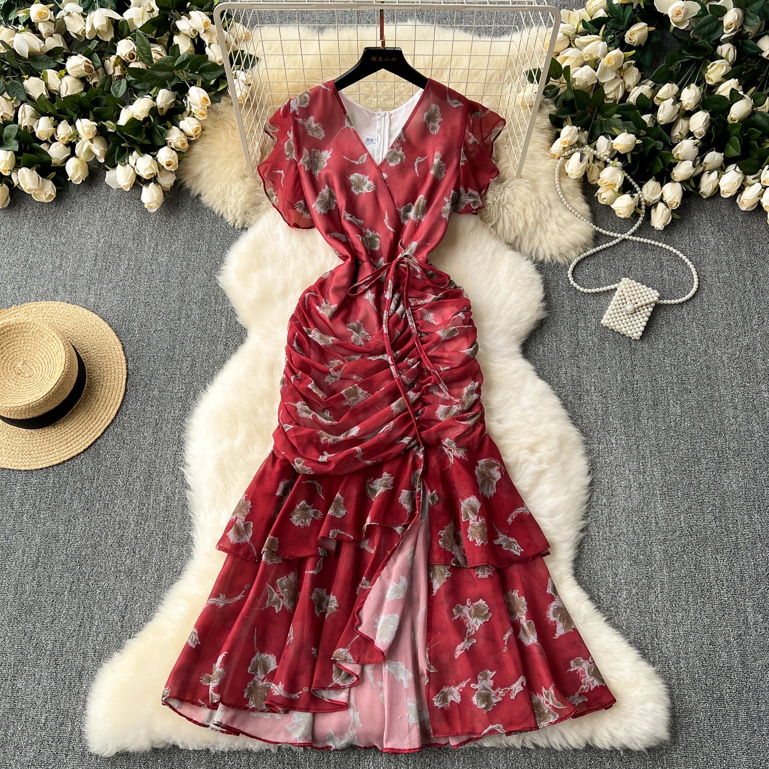 Stylish Red Ruffled Solid Maxi Dress Summer main image 0