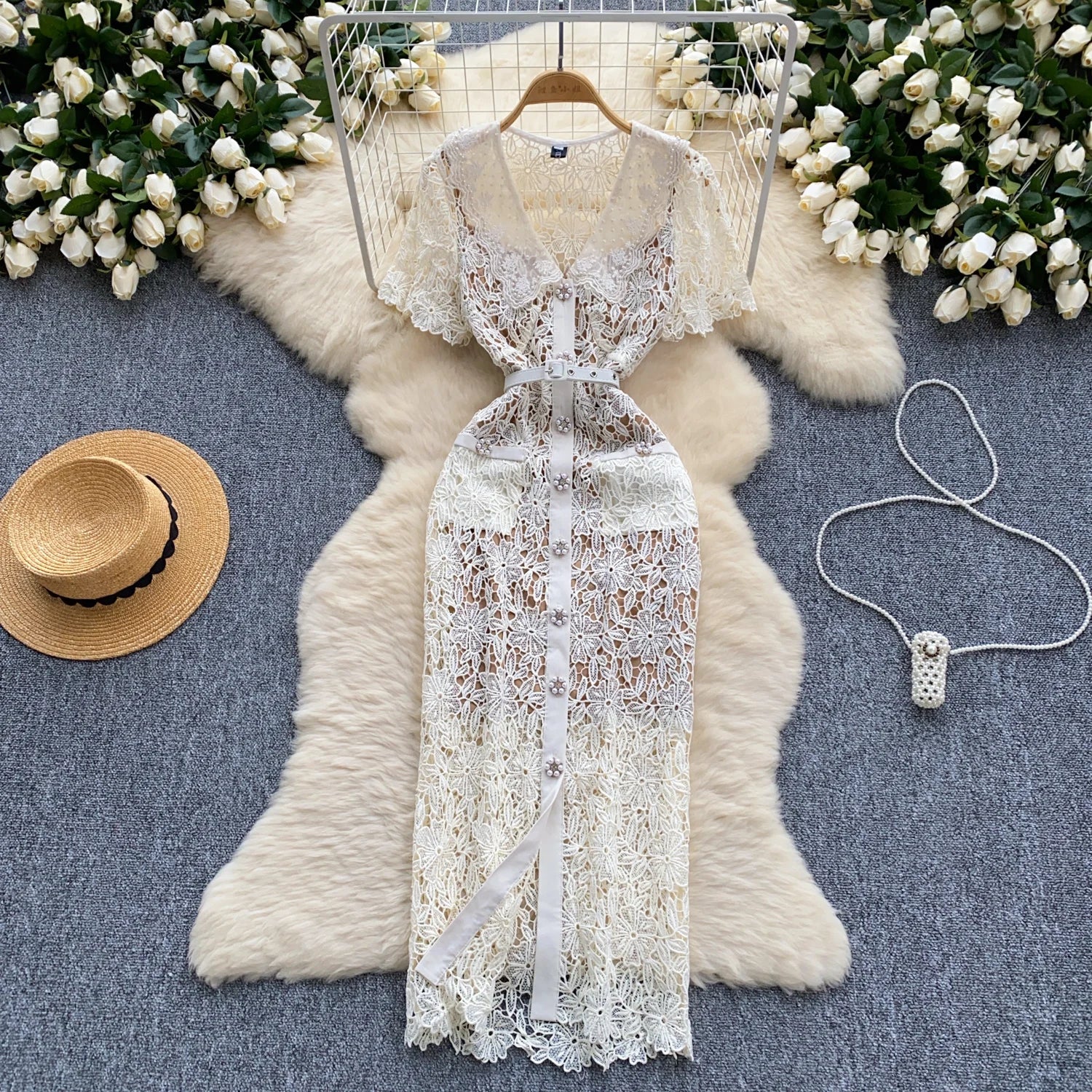 White Trim Lace Detail Button Up Dress