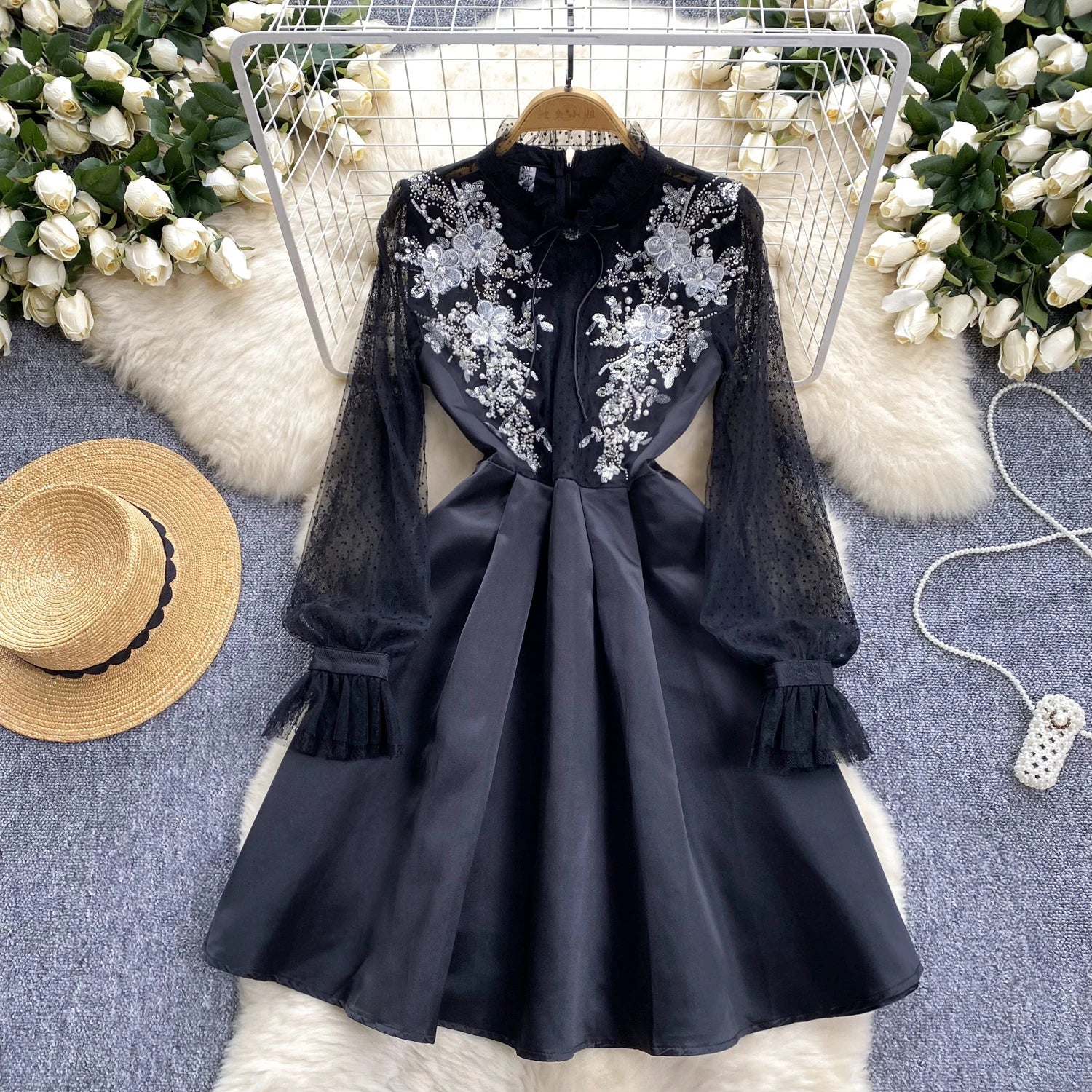 Embroidered Black Lace Dress