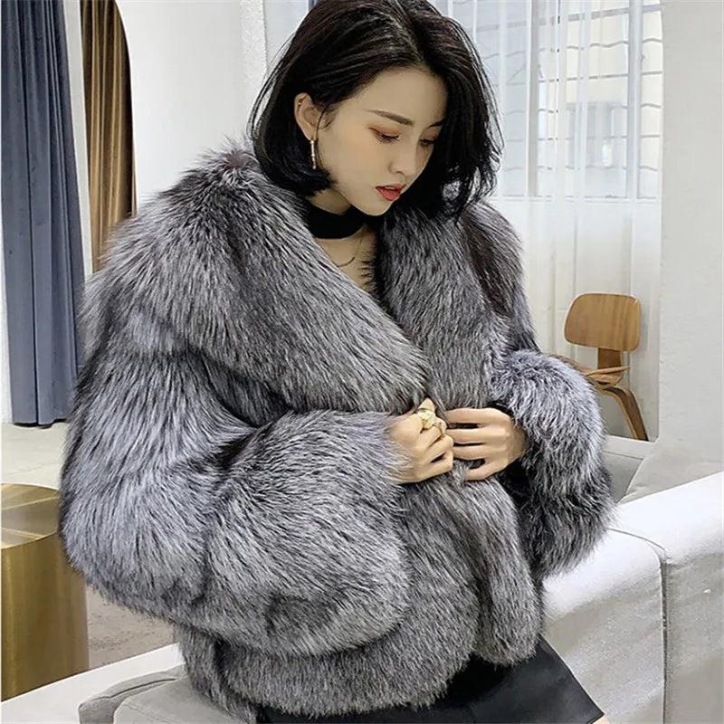 Streetwear Women Fox Fur Jacket Short Faux Fur Coats Casual Tops Silver Fox  Colour Full Fur Coat Lar on Luulla