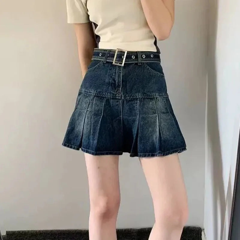 Pleated Denim Mini Skirt in Dark Denim