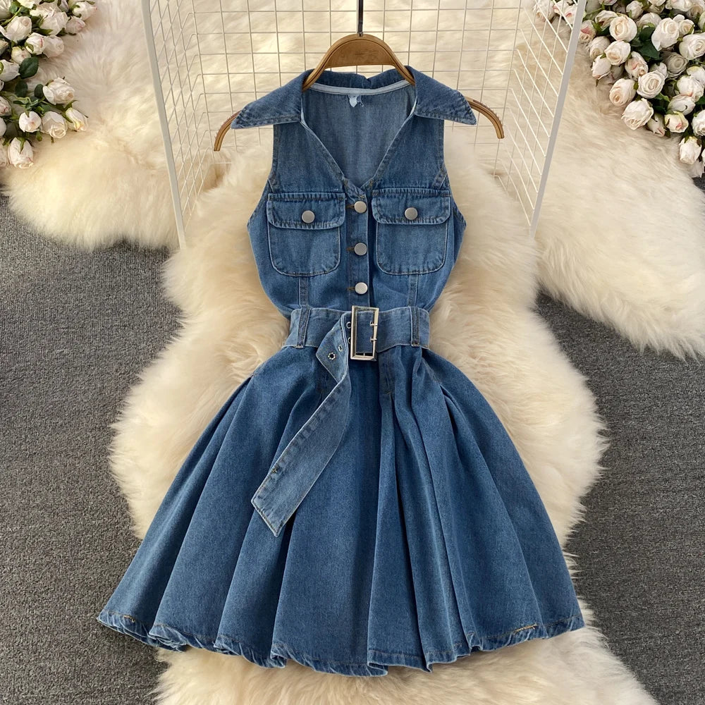 Women's Fashion Sexy Sleeveless Pleated Waist Denim Dresses