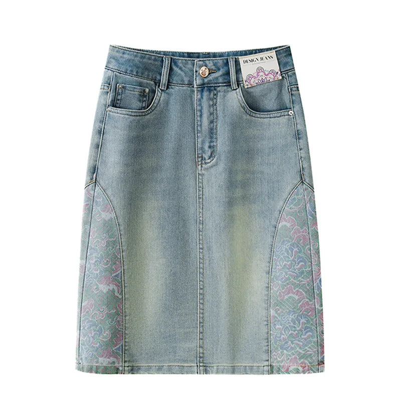 Mesh Floral Stitching Denim Skirt