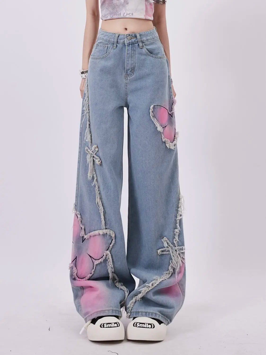 High Waist Wide Leg Butterfly Pattern Jeans Pants main image 1