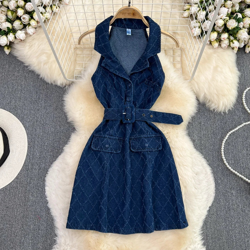 18504 Blue Belted Elastic Sleeve Denim Dress main image 0