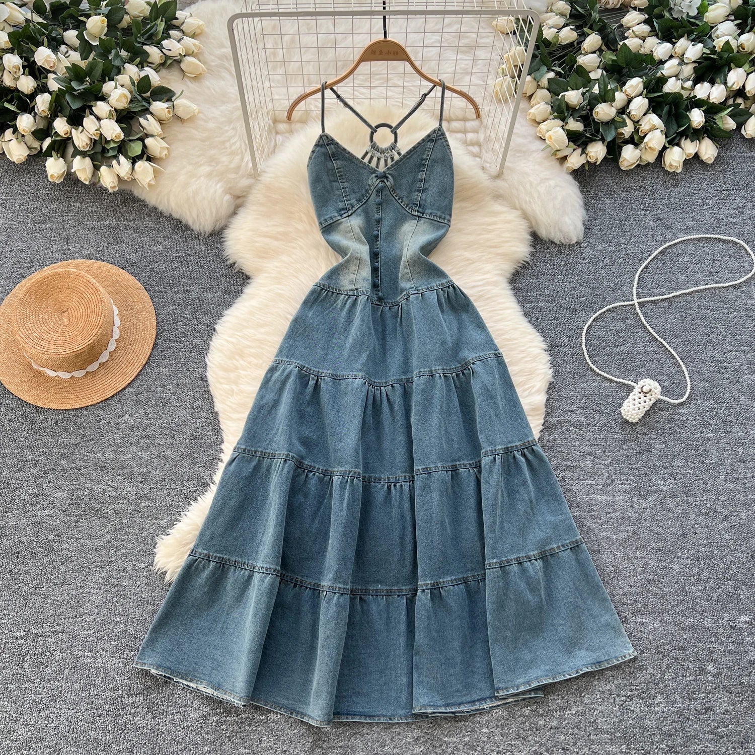 Arlene Strapless Back Slit Denim Maxi Dress