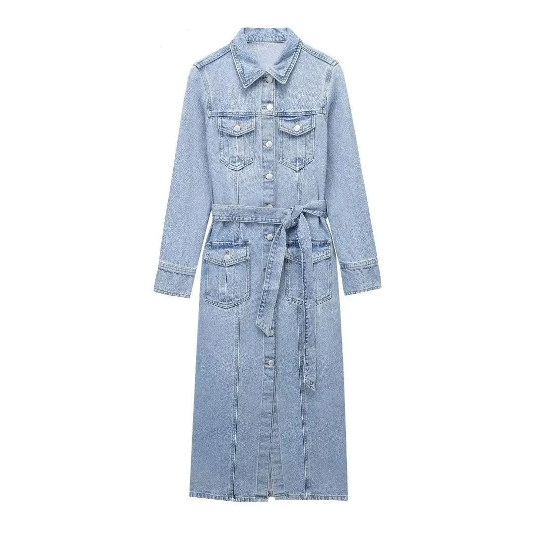 Long Sleeve Waist Belt Denim Trench Maxi Dress main image 1
